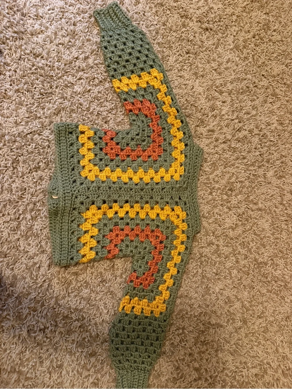 Handmade Retro Granny Square Cardigan Sweater Sage Green Toddler 12M 2T